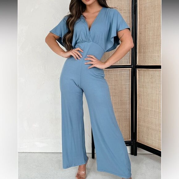 Wasabi + Mint Showing Versatility Ribbed Kimono SleeveJumpsuit(Light Denim)S New - Picture 1 of 6